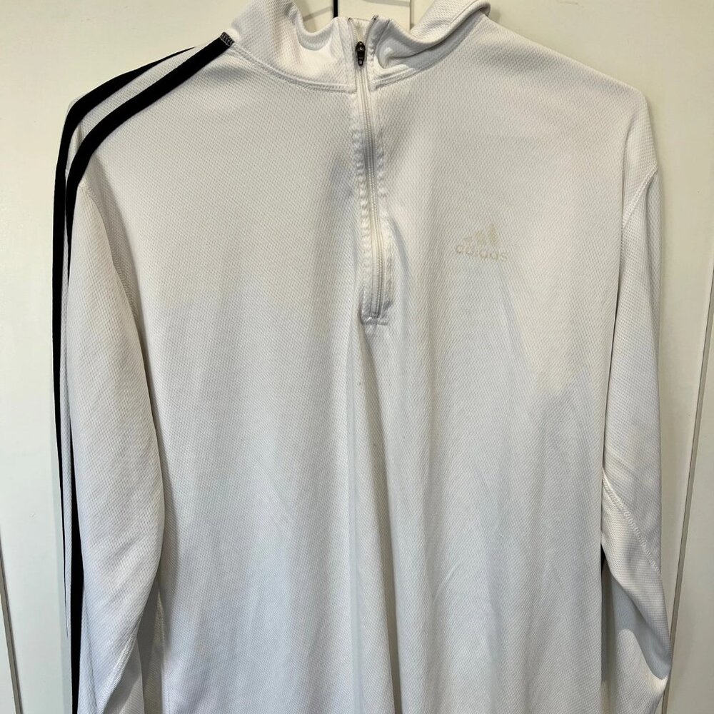 Vintage Addidas White with Black Stripes Half Zip Running Pullover, Size Large
